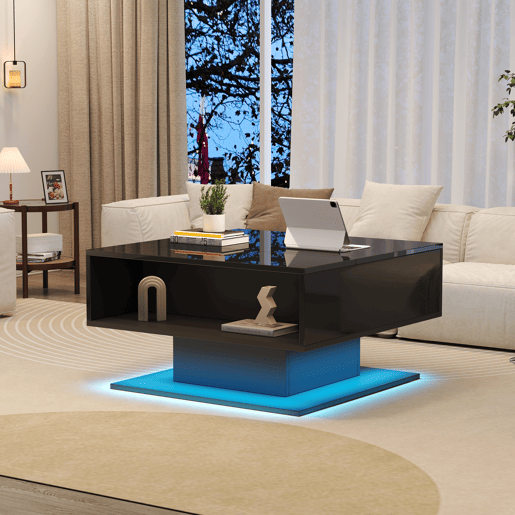Mesa de centro elevável retangular de painel de partículas com luz led,preto