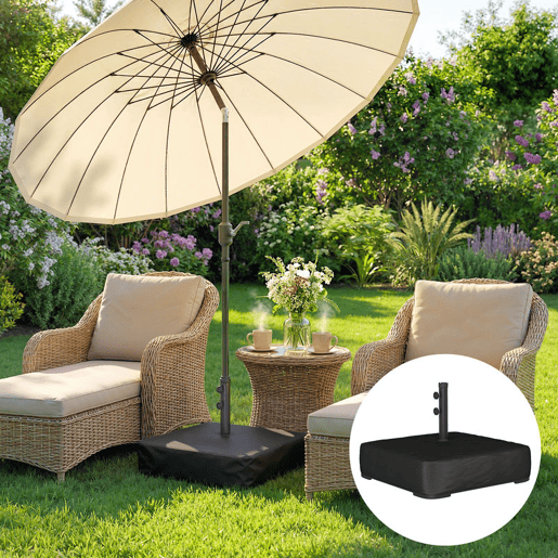Outsunny Base para Chapéu de Sol Quadrada com Capa, Suporte de Parasol com Sacos de Areia, Base para Chapéu de Sol com Postes Ø48 mm, Recheável com 80 kg de Areia ou 90 kg de Areia Húmida, para Jardim, Terraço, Preto
