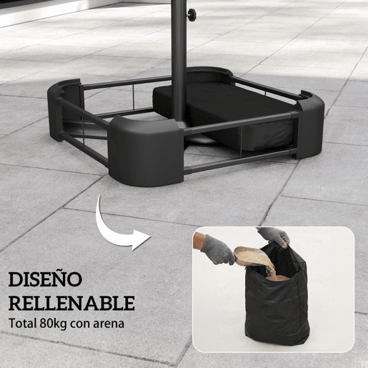 Outsunny Base para Chapéu de Sol Quadrada com Capa, Suporte de Parasol com Sacos de Areia, Base para Chapéu de Sol com Postes Ø48 mm, Recheável com 80 kg de Areia ou 90 kg de Areia Húmida, para Jardim, Terraço, Preto