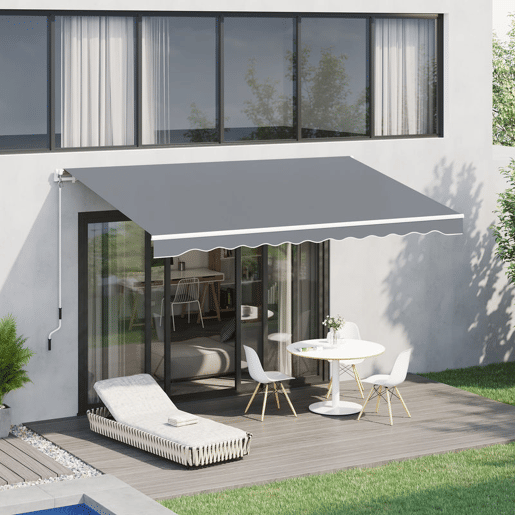 Outsunny Toldo Manual Retrátil 395x245 cm, Toldo Exterior para Terraço com Ângulo Ajustável, Braços Articulados, Montagem na Parede, Estrutura de Alumínio, Anti-UV e Impermeável, Ideal para Jardim, Cinzento