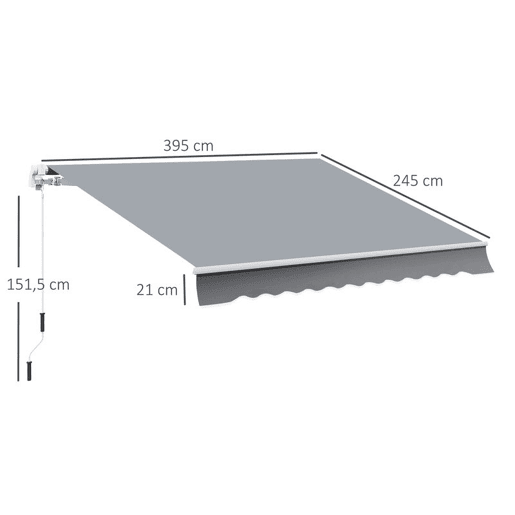 Outsunny Toldo Manual Retrátil 395x245 cm, Toldo Exterior para Terraço com Ângulo Ajustável, Braços Articulados, Montagem na Parede, Estrutura de Alumínio, Anti-UV e Impermeável, Ideal para Jardim, Cinzento