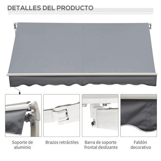 Outsunny Toldo Manual Retrátil 395x245 cm, Toldo Exterior para Terraço com Ângulo Ajustável, Braços Articulados, Montagem na Parede, Estrutura de Alumínio, Anti-UV e Impermeável, Ideal para Jardim, Cinzento