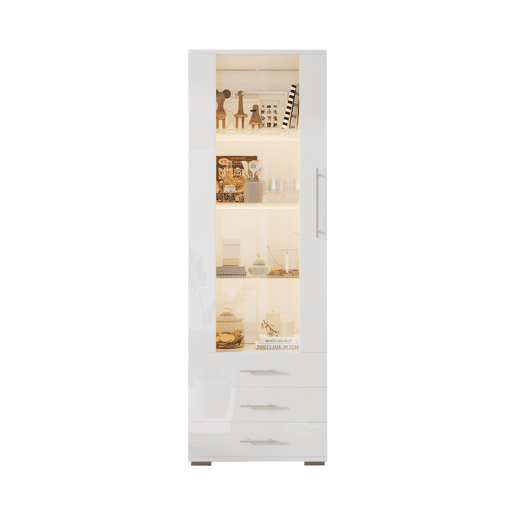 Vitrine de mdf com 1 porta,3 gavetas e luz led,branco Vitrine de mdf com 1 porta,3 gavetas e luz led,branco