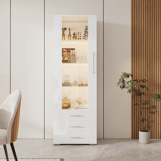 Vitrine de mdf com 1 porta,3 gavetas e luz led,branco Vitrine de mdf com 1 porta,3 gavetas e luz led,branco