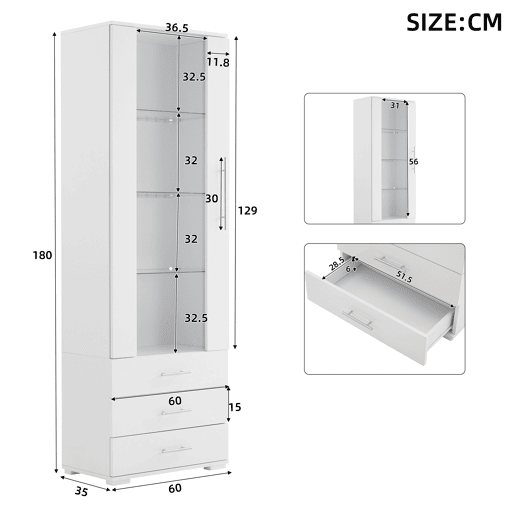 Vitrine de mdf com 1 porta,3 gavetas e luz led,branco Vitrine de mdf com 1 porta,3 gavetas e luz led,branco