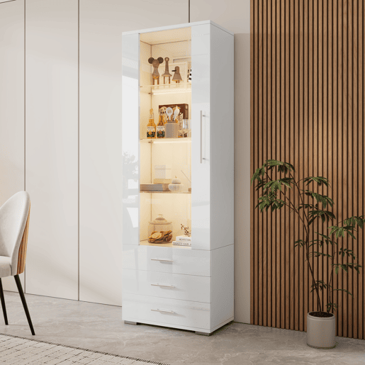 Vitrine de mdf com 1 porta,3 gavetas e luz led,branco Vitrine de mdf com 1 porta,3 gavetas e luz led,branco