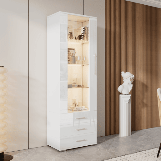 Vitrine de mdf com 1 porta,3 gavetas e luz led,branco Vitrine de mdf com 1 porta,3 gavetas e luz led,branco