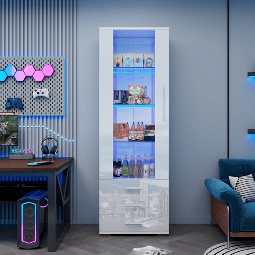 Vitrine de mdf com 1 porta,3 gavetas e luz led,branco Vitrine de mdf com 1 porta,3 gavetas e luz led,branco