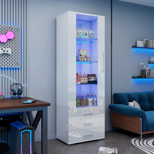 Vitrine de mdf com 1 porta,3 gavetas e luz led,branco Vitrine de mdf com 1 porta,3 gavetas e luz led,branco