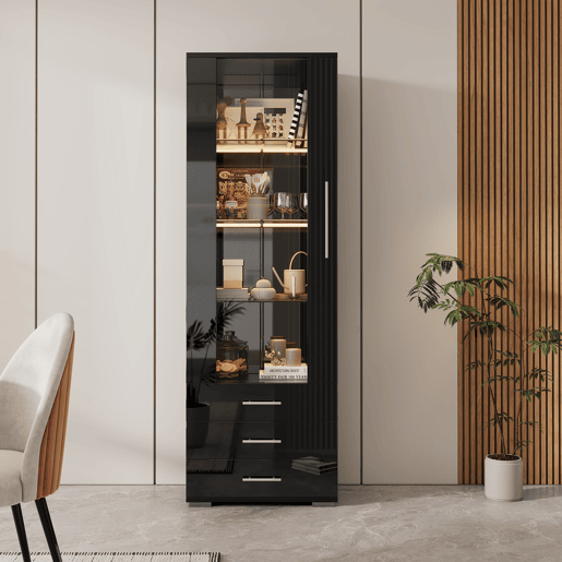 Vitrine de mdf com 1 porta,3 gavetas e luz led,preto Vitrine de mdf com 1 porta,3 gavetas e luz led,preto