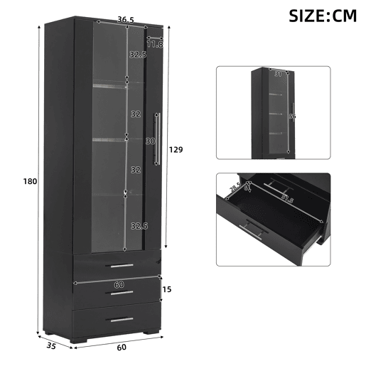 Vitrine de mdf com 1 porta,3 gavetas e luz led,preto Vitrine de mdf com 1 porta,3 gavetas e luz led,preto