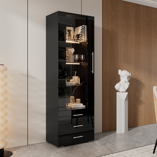Vitrine de mdf com 1 porta,3 gavetas e luz led,preto Vitrine de mdf com 1 porta,3 gavetas e luz led,preto