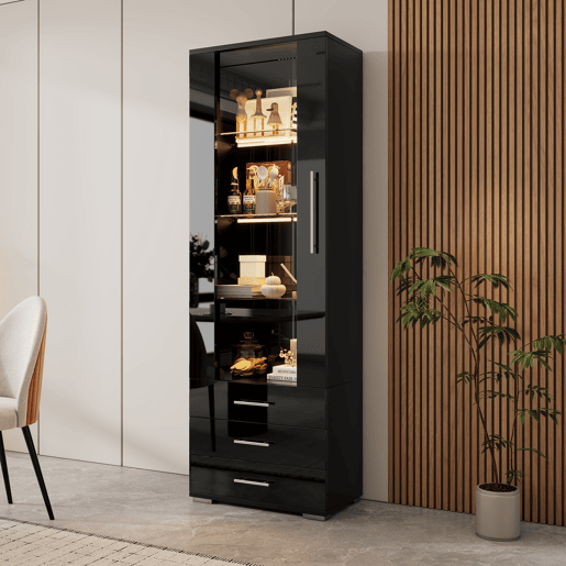 Vitrine de mdf com 1 porta,3 gavetas e luz led,preto Vitrine de mdf com 1 porta,3 gavetas e luz led,preto