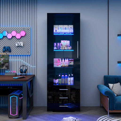 Vitrine de mdf com 1 porta,3 gavetas e luz led,preto Vitrine de mdf com 1 porta,3 gavetas e luz led,preto