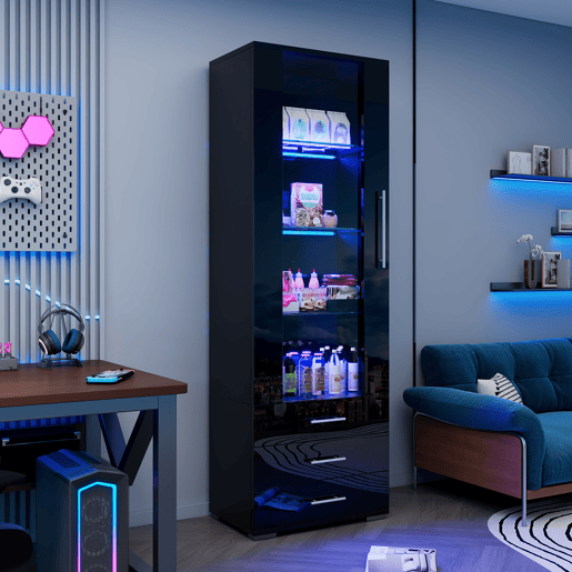 Vitrine de mdf com 1 porta,3 gavetas e luz led,preto Vitrine de mdf com 1 porta,3 gavetas e luz led,preto