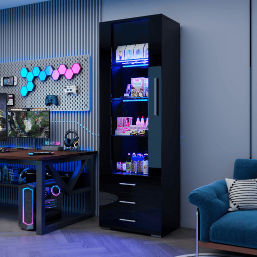 Vitrine de mdf com 1 porta,3 gavetas e luz led,preto Vitrine de mdf com 1 porta,3 gavetas e luz led,preto