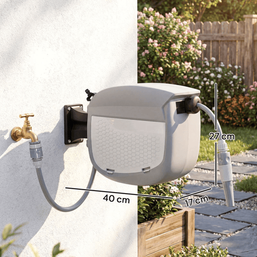 Outsunny Carretel de Mangueira para Jardim 10+1 m com Bico de 2 Modos Carretel de Mangueira de Jardim de Parede com Bloqueio Automático e Retracção Controlada Suporte Orientável 180° Cinza