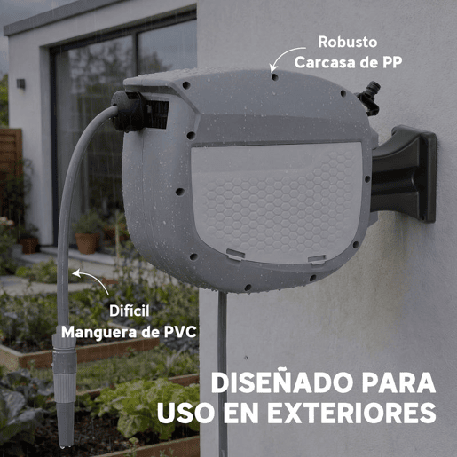 Outsunny Carretel de Mangueira para Jardim 10+1 m com Bico de 2 Modos Carretel de Mangueira de Jardim de Parede com Bloqueio Automático e Retracção Controlada Suporte Orientável 180° Cinza