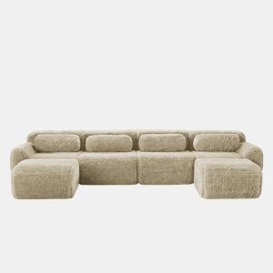 Sofá modular U 4 lugares - sem montagem, combinável, felpa, almofadas, apoio ergonómico - Bege claro
