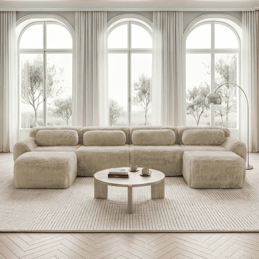 Sofá modular U 4 lugares - sem montagem, combinável, felpa, almofadas, apoio ergonómico - Bege claro