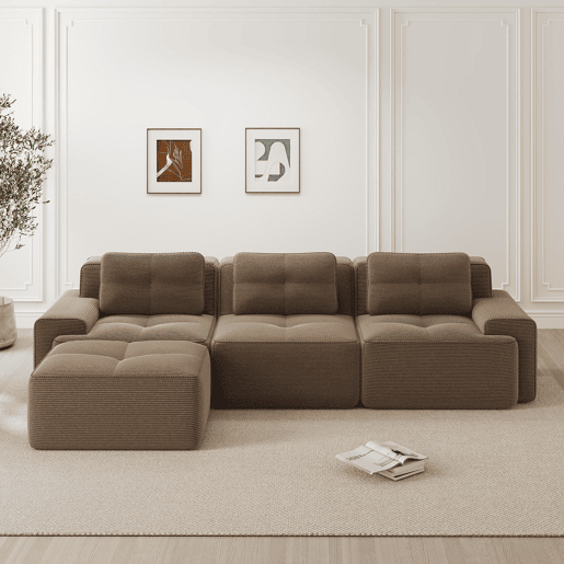 Sofá modular L 3 lugares - Veludo cotelê, chaise longue, montagem sem ferramentas - Castanho