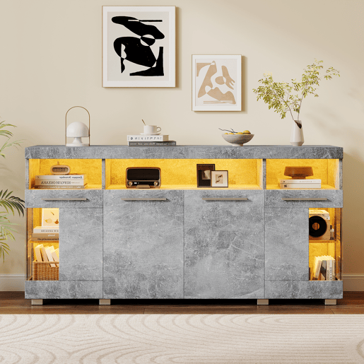 Aparador de mdf com 4 portas e luz led,cinza