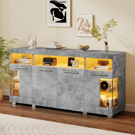 Aparador de mdf com 4 portas e luz led,cinza