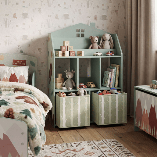 AIYAPLAY Estante Infantil para Brinquedos com Gavetas de Tecido e Prateleiras Abertas, Design de Ursinhos, Organizador para Quarto, Sala de Brincadeiras ou Creche, Verde