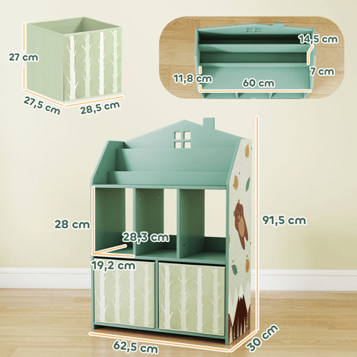 AIYAPLAY Estante Infantil para Brinquedos com Gavetas de Tecido e Prateleiras Abertas, Design de Ursinhos, Organizador para Quarto, Sala de Brincadeiras ou Creche, Verde