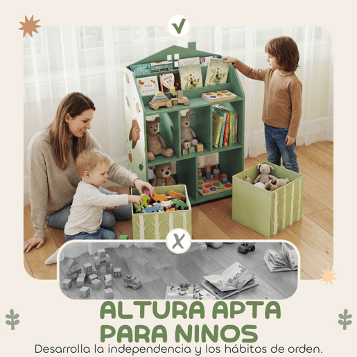 AIYAPLAY Estante Infantil para Brinquedos com Gavetas de Tecido e Prateleiras Abertas, Design de Ursinhos, Organizador para Quarto, Sala de Brincadeiras ou Creche, Verde