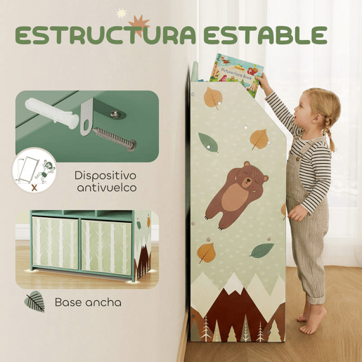 AIYAPLAY Estante Infantil para Brinquedos com Gavetas de Tecido e Prateleiras Abertas, Design de Ursinhos, Organizador para Quarto, Sala de Brincadeiras ou Creche, Verde