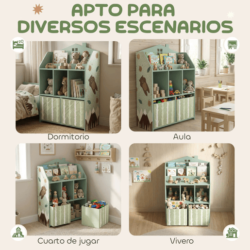 AIYAPLAY Estante Infantil para Brinquedos com Gavetas de Tecido e Prateleiras Abertas, Design de Ursinhos, Organizador para Quarto, Sala de Brincadeiras ou Creche, Verde