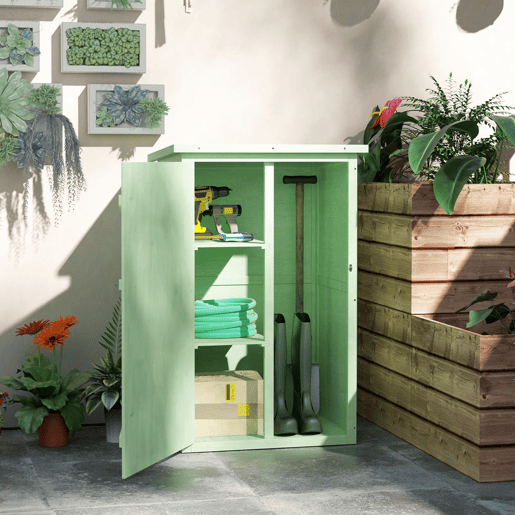 Outsunny Armário de Jardim em Madeira 75x56x115 cm Armário para Exterior com 3 Prateleiras, Porta com Trinco e Telhado de Asfalto Verde