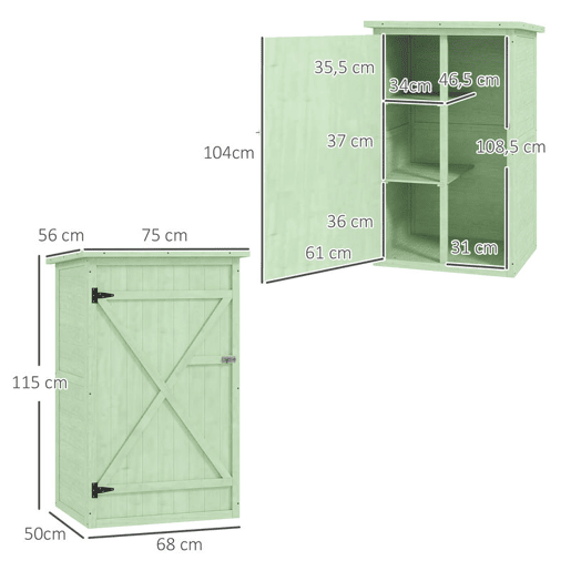 Outsunny Armário de Jardim em Madeira 75x56x115 cm Armário para Exterior com 3 Prateleiras, Porta com Trinco e Telhado de Asfalto Verde