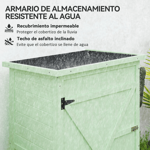 Outsunny Armário de Jardim em Madeira 75x56x115 cm Armário para Exterior com 3 Prateleiras, Porta com Trinco e Telhado de Asfalto Verde