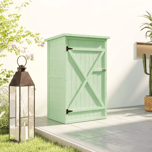 Outsunny Armário de Jardim em Madeira 75x56x115 cm Armário para Exterior com 3 Prateleiras, Porta com Trinco e Telhado de Asfalto Verde