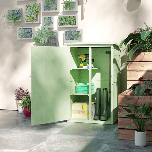 Outsunny Armário de Jardim em Madeira 75x56x115 cm Armário para Exterior com 3 Prateleiras, Porta com Trinco e Telhado de Asfalto Verde