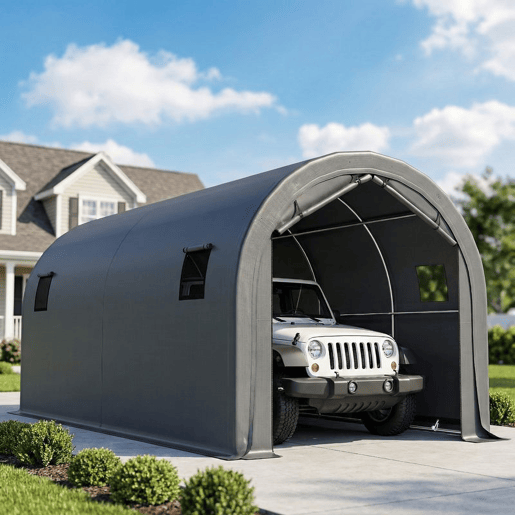 Outsunny Tenda Garagem Portátil 3x6 m Garagem Exterior Resistente com Porta Enrolável e 4 Janelas Estrutura de Metal Galvanizado UPF 30+ Abrigo de Armazenamento Branco