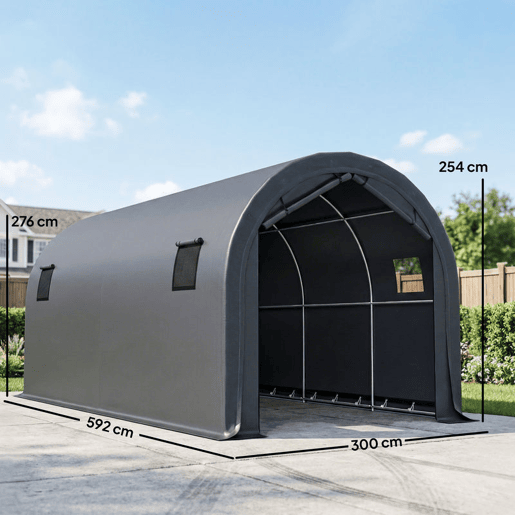 Outsunny Tenda Garagem Portátil 3x6 m Garagem Exterior Resistente com Porta Enrolável e 4 Janelas Estrutura de Metal Galvanizado UPF 30+ Abrigo de Armazenamento Branco