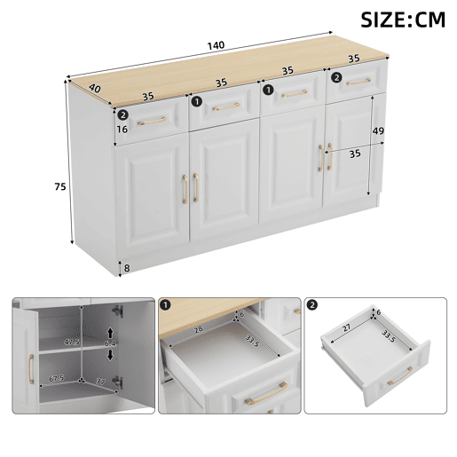 Aparador de painel de partÃculas com 4 portas e 4 gavetas,branco Aparador de painel de partÃculas com 4 portas e 4 gavetas,branco
