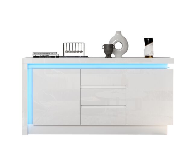 Aparador de panel de partículas con 2 puertas,3 cajones y luz led,blanco