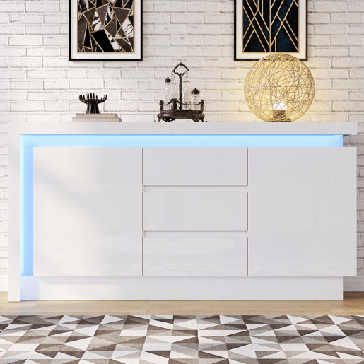 Aparador de painel de partículas com 2 portas,3 gavetas e luz led,branco