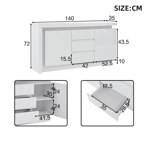Aparador de painel de partículas com 2 portas,3 gavetas e luz led,branco