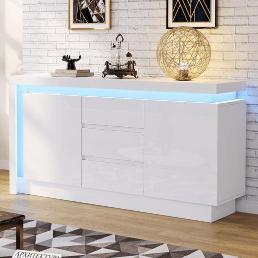 Aparador de painel de partículas com 2 portas,3 gavetas e luz led,branco