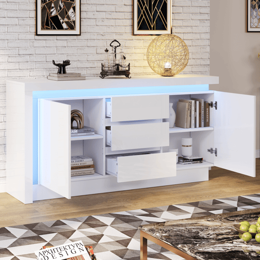 Aparador de painel de partículas com 2 portas,3 gavetas e luz led,branco
