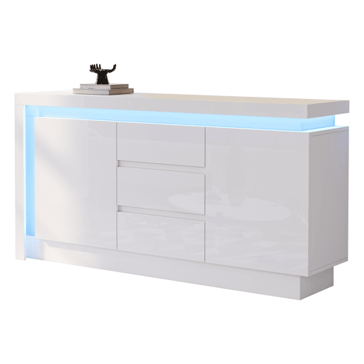 Aparador de painel de partículas com 2 portas,3 gavetas e luz led,branco