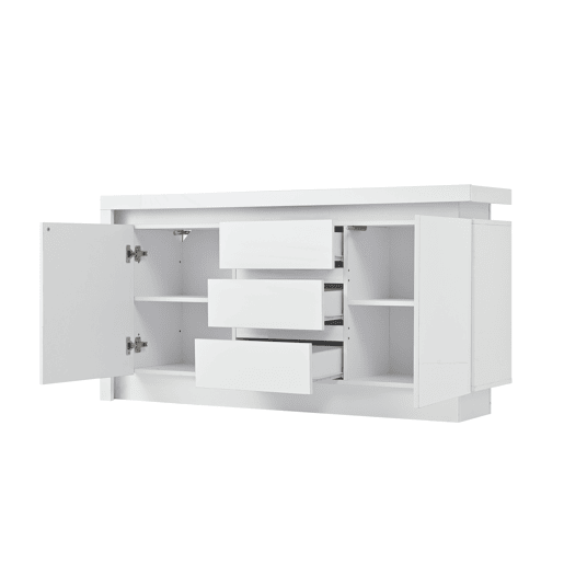 Aparador de painel de partículas com 2 portas,3 gavetas e luz led,branco