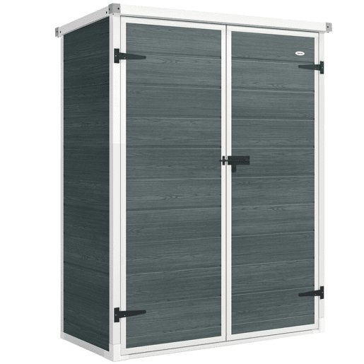 Outsunny Abrigo de Jardim 0,81 m² 134x68,5x170 cm Abrigo de Exterior em Plástico com Solo 2 Prateleiras Dobráveis Portas Duplas com Fecho para Armazenamento de Ferramentas Cinzento