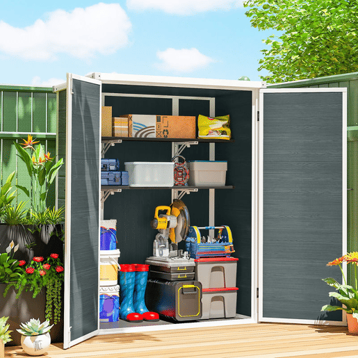 Outsunny Abrigo de Jardim 0,81 m² 134x68,5x170 cm Abrigo de Exterior em Plástico com Solo 2 Prateleiras Dobráveis Portas Duplas com Fecho para Armazenamento de Ferramentas Cinzento