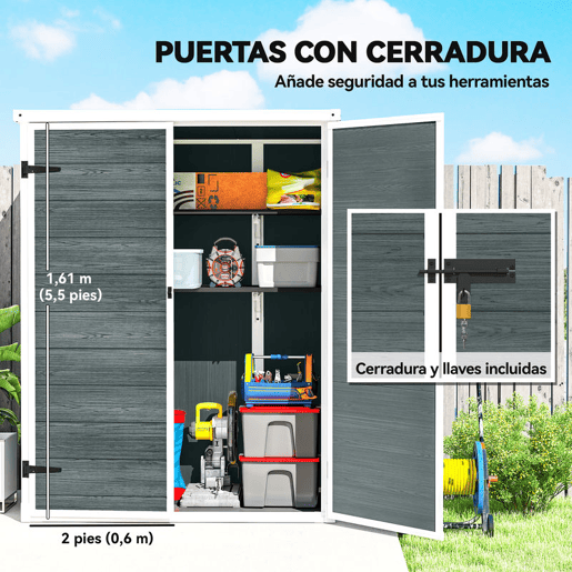 Outsunny Abrigo de Jardim 0,81 m² 134x68,5x170 cm Abrigo de Exterior em Plástico com Solo 2 Prateleiras Dobráveis Portas Duplas com Fecho para Armazenamento de Ferramentas Cinzento